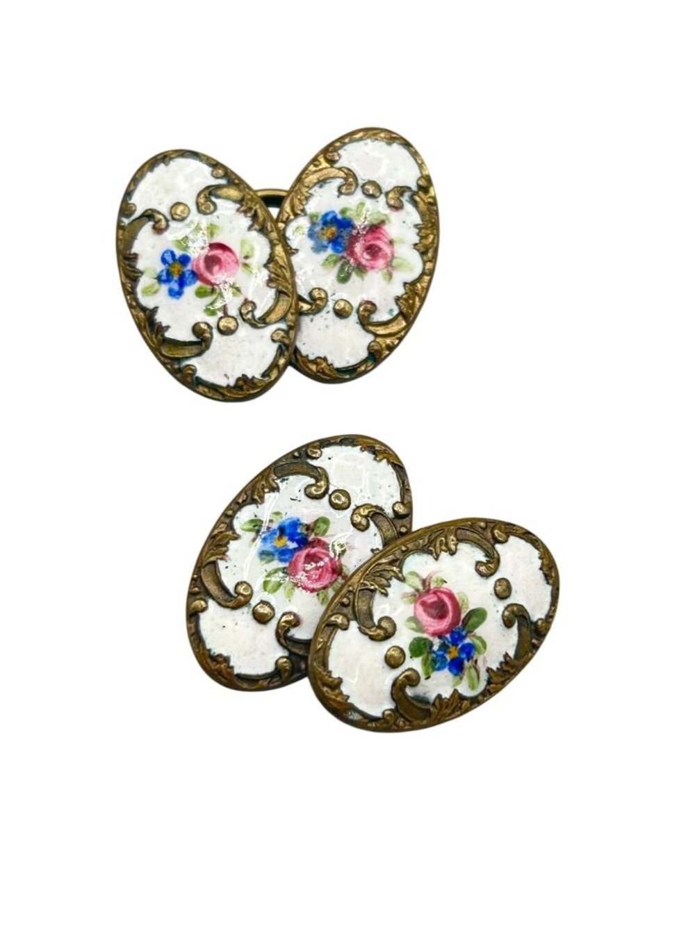 Antique Enamel Guilloche Cuff Links Elongated Brass Floral Hand Painted